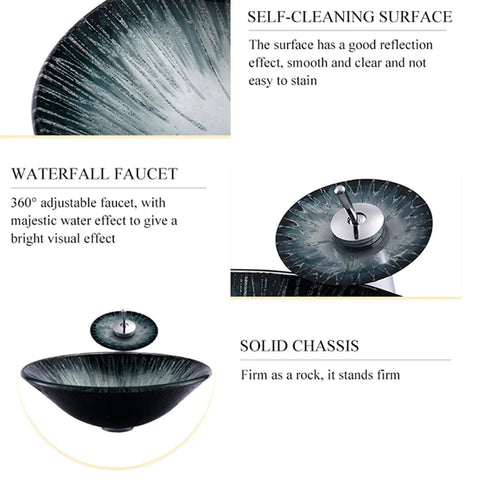 USZWBY 18'' Tempered Glass Vessel Sink,Starlight Design artistic above counter bowl with waterfall faucet feature, self-cleaning surface.