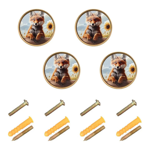 4 Pack Fox Sunflower Gold Cabinet Knobs Set With Cool Round Pull Handles For Drawers Walls Dresser Farmhouse Style