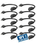10 Pack Short Extension Cords 1 Foot Weatherproof 16 AWG SJTW With Grounded 3 Prong NEMA 5-15P To NEMA 5-15R