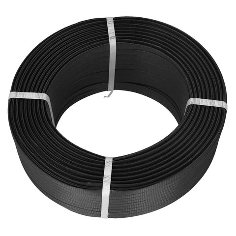 Heavy Duty Manual Packing Strap For Industrial Baler Gear Tough As Nails Pp Plastic Strapping Rope With Beefy Locking Tension Black Packaging Tape One Full Roll on a spool.