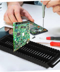 Six Pack Circuit Board Rack Antistatic Holder Stand with PCB, showing durable groove design on workbench for safe board display.