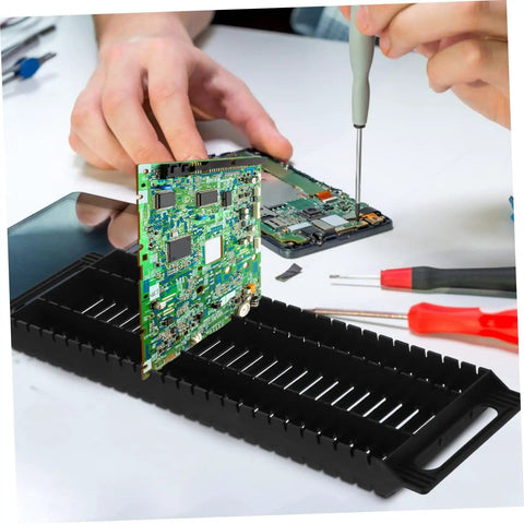 Six Pack Circuit Board Rack Antistatic Holder Stand with PCB, showing durable groove design on workbench for safe board display.