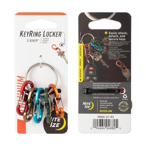 Colorful S Biner Keyring Set With Five MicroLock Carabiners on retail card packaging showing aluminum keychain