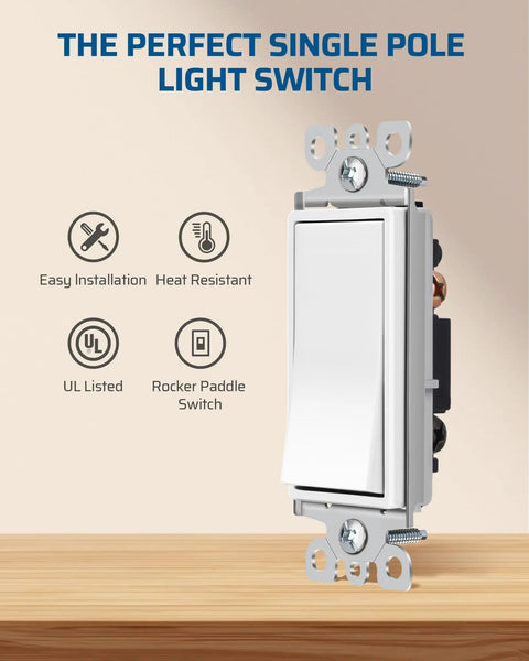 Smooth Paddle Rocker Light Switch For Single Pole On Off Control, Quiet, Durable Wall Switch With Breakable Plaster Ears, 120V 277V 15A, UL Listed, Rock Solid Build, Bulk 20 Pack on display with features highlighted.