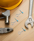 20 Piece Fire Extinguisher Pin And Tamper Seal Replacement Kit on wooden surface with hammer and wrench.