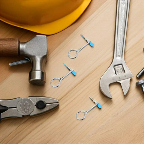 20 Piece Fire Extinguisher Pin And Tamper Seal Replacement Kit on wooden surface with hammer and wrench.
