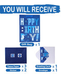 Ultra Large Sixteen Point Five Inch Blue Gift Bags Set With Greeting Card And Tissue Paper layout with contents displayed