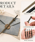 Product details of Ancient Sword Letter Opener Set with sheaths and keychain. Metal design showcased on envelope and hand.