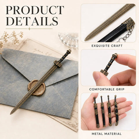 Product details of Ancient Sword Letter Opener Set with sheaths and keychain. Metal design showcased on envelope and hand.