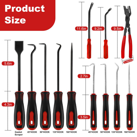 Seventeen Pcs Hook And Pick Tool Set With Scraper For Auto Clip Removal Pliers And Fastener Remover, various sizes displayed