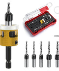 5-piece countersink drill bit set with low-friction depth stop and replaceable HSS M2 bits; hex shank, shown in red case