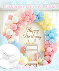 Top Notch Balloon Arch Kit With 10 Clear Spring Clamps And Everything You Need Plus 100 Long Balloons, Tape Strip, And Adhesive Dots For Epic Party Decor Make Your Next Bash A Total Banger. Clear clamp holding pastel balloon arch around Happy Birthday backdrop