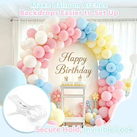 Top Notch Balloon Arch Kit With 10 Clear Spring Clamps And Everything You Need Plus 100 Long Balloons, Tape Strip, And Adhesive Dots For Epic Party Decor Make Your Next Bash A Total Banger. Clear clamp holding pastel balloon arch around Happy Birthday backdrop