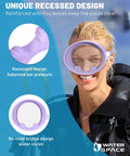 Person wearing no leak diving mask for snorkeling and free diving with 180 degree wide view HD oval tempered glass lens in purple.