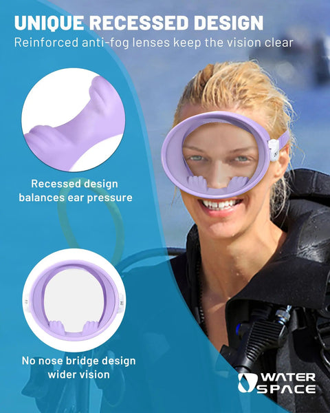 Person wearing no leak diving mask for snorkeling and free diving with 180 degree wide view HD oval tempered glass lens in purple.