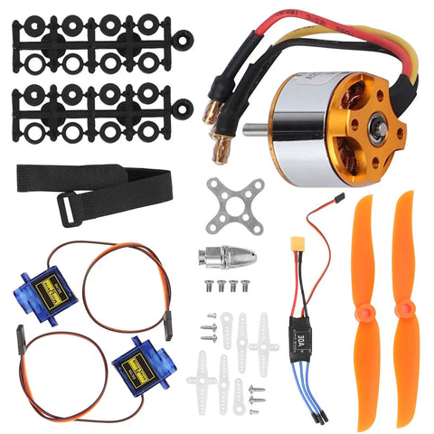 Rad RC Fixed Wing Upgrade Pack Featuring 2212 1400KV Brushless Outrunner Motor With 30A Electronic Speed Controller XT60 Port 9G Micro Servo And Matching Propellers components including motor, servos, and propellers.