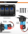 3 Gang Aluminum Panel Toggle Rocker Switch Kit with Pre Wired Harness dimensions and components shown