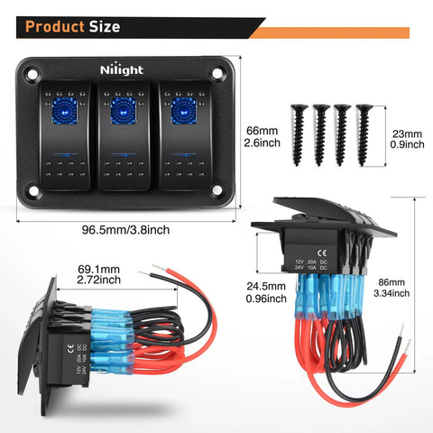 3 Gang Aluminum Panel Toggle Rocker Switch Kit with Pre Wired Harness dimensions and components shown