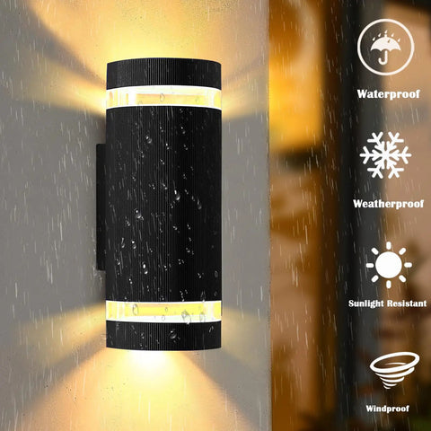 Lit RGB Outdoor Wall Lights With RF Remote, Color Changing Porch Sconces, shown in rain highlighting waterproof feature
