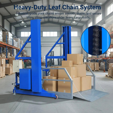 Heavy Duty Mobile Electric Hydraulic Loading Platform With 2 Ton 4400 Lb Capacity Portable Dock Lift Dual Voltage Power for heavy boxes in warehouse.