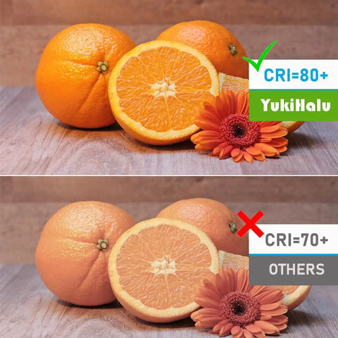 Comparison of orange and flower with different CRI values illustrating YukiHalu at CRI=80+ versus others at CRI=70+.