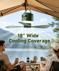 Heavy Duty 18 Inch Rechargeable Ceiling Fan With Bright Led Light And Huge 15600 mAh Battery For Gazebo Patio And Rv Camping, cooling in outdoor setting.