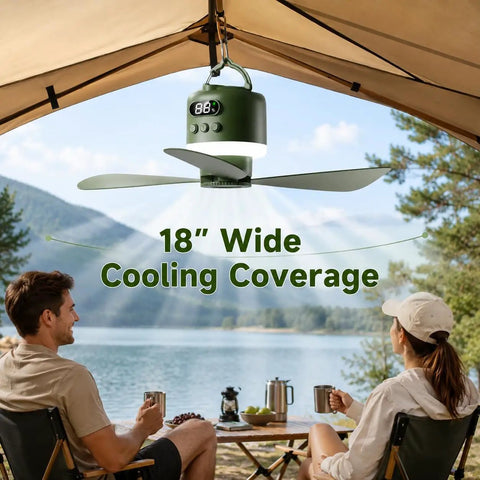 Heavy Duty 18 Inch Rechargeable Ceiling Fan With Bright Led Light And Huge 15600 mAh Battery For Gazebo Patio And Rv Camping, cooling in outdoor setting.