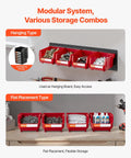 Kick Some Clutter To The Curb With This Rock Solid Set Of Twelve Wall Mounted Plastic Storage Bins And Three Heavy Duty Rails, showing hanging and flat storage options.