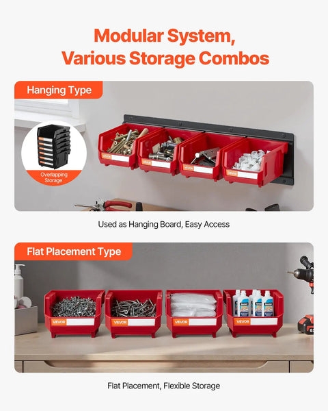 Kick Some Clutter To The Curb With This Rock Solid Set Of Twelve Wall Mounted Plastic Storage Bins And Three Heavy Duty Rails, showing hanging and flat storage options.