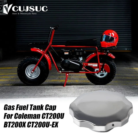 Gas Tank Cap For Mini Bikes And Go Karts Including CT200U BT200X MB165 MB200, chrome cap next to red mini bike with helmet