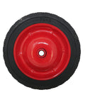 Front view of a 7 Inch Semi Pneumatic Rubber Tire With Diamond Tread And Steel Hub Featuring Grafoil Bearings, red rim.