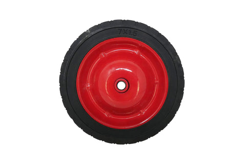 Front view of a 7 Inch Semi Pneumatic Rubber Tire With Diamond Tread And Steel Hub Featuring Grafoil Bearings, red rim.