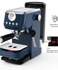 Premium 20 Bar Espresso Machine With A Beefy 10mm Steam Wand And Integrated Milk Frother, blue, front view with detachable components.