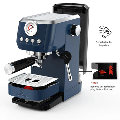 Premium 20 Bar Espresso Machine With A Beefy 10mm Steam Wand And Integrated Milk Frother, blue, front view with detachable components.