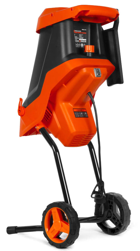 Powerful Electric Wood Chipper And Shredder With 15 Amp Motor For Easy Yard Cleanup, vibrant orange and black design on wheels