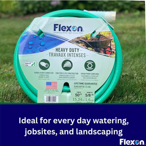 Five Eighth Inch By Fifty Foot Heavy Duty Five Ply Forever Garden Hose With Double Nylon Reinforcement packaging
