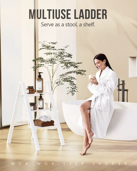 Woman in white robe with a Three Step Folding Ladder For Home Use, Lightweight Aluminum Step Stool With Anti Slip Pedals beside a bathtub.
