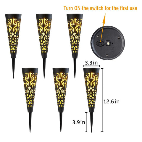 Solar Powered Fire Totem Style Outdoor Garden Lights Six Pack Waterproof Conical Stakes for Yard, Lawn, and Pathway, Black