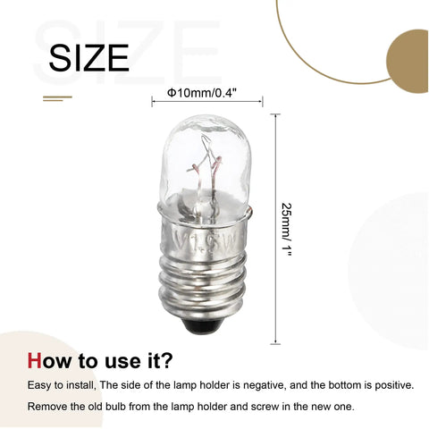 E10 Screw Base Miniature Bulbs, 25mm tall, 10mm wide, clear glass, shown with size details for tech use.
