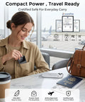 No Fuss Ultra Compact 15000 Mah Portable Charger With Built In Cables fits easily in a woman's hand, ready for travel.