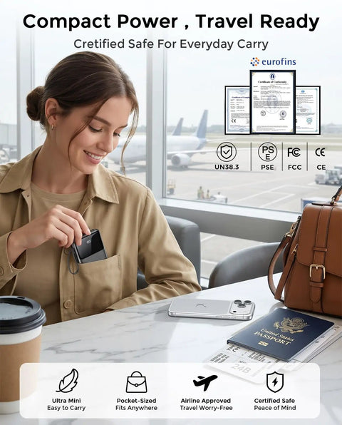 No Fuss Ultra Compact 15000 Mah Portable Charger With Built In Cables fits easily in a woman's hand, ready for travel.