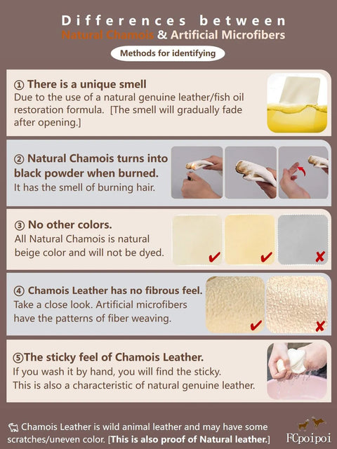 Eyeglass cleaning cloths: infographic on natural chamois leather vs microfiber with beige swatches.