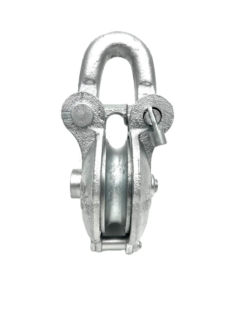 Heavy Duty Yarding Block With Shackle And Pin For Rigging And Lifting 1.5 To 6 Ton Capacity 3 Inch Sheave silver block front view