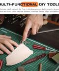 Pro Grade Five Piece Leather Knife Set With Groover Tool And Two Edge Bevelers Burnisher And Cutting Knife in use on leather