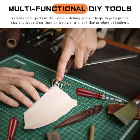 Pro Grade Five Piece Leather Knife Set With Groover Tool And Two Edge Bevelers Burnisher And Cutting Knife in use on leather