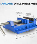 4 Inch Drill Press Vise For Your Home Shop Portable Bench Vise, blue cast iron, with slotted base and 4 inch jaw, side view.