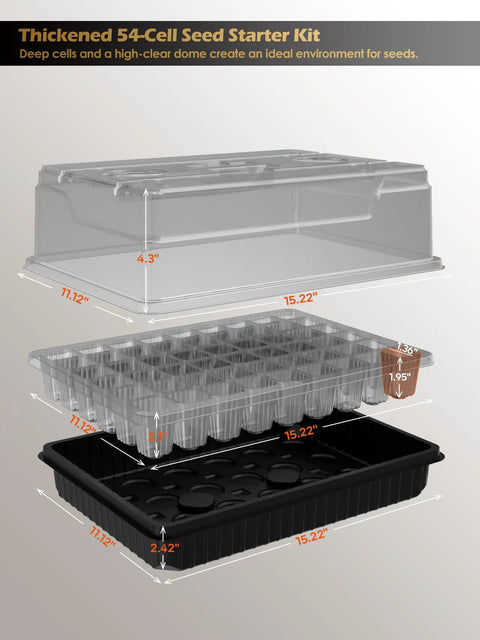 Exploded view of 54-cell seed starter tray kit with transparent humidity dome, suitable for indoor plant growth with LED grow light