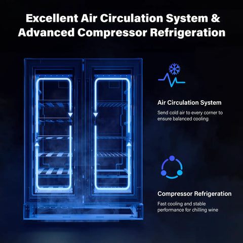 34 Bottle Dual Zone Wine And Beverage Fridge With Independent Temperature Control And LED Panel air circulation system