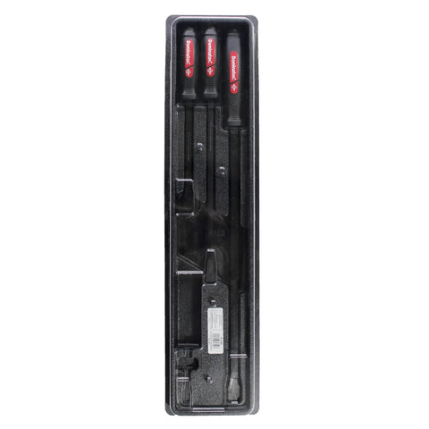 Dominator Pry Bar Set 3 Piece Straight Pry Bars With Black Oxide Finish, in packaging, showing three tools and red ergonomic handles