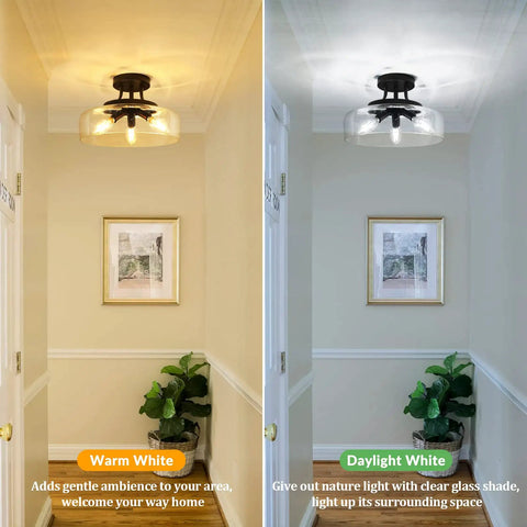 Black Semi Flush Mount Ceiling Light With Clear Glass Shade, 3-Bulb Fixture For Kitchen Hallway, Warm and Daylight Settings